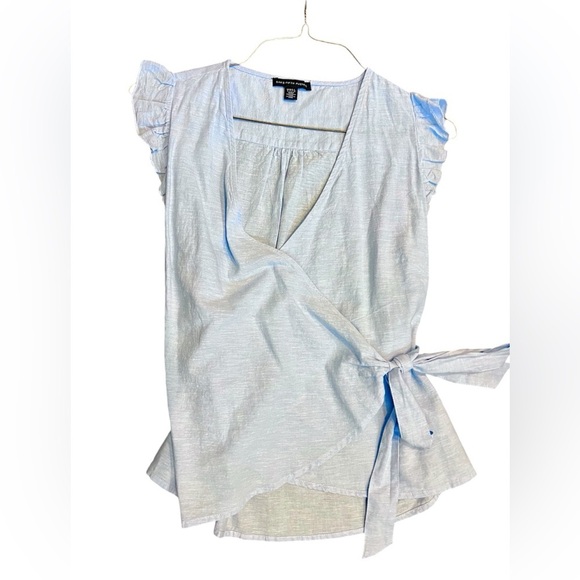 Saks Fifth Ave, pale blue linen blend wrap shirt with ruffle sleeves, size L. - Picture 1 of 3